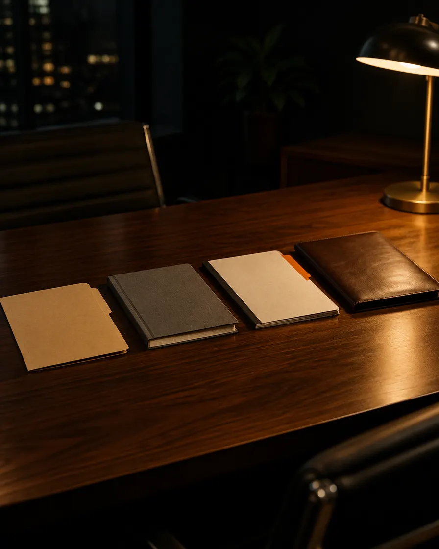 Four folders laid out on a walnut table under a desk lamp